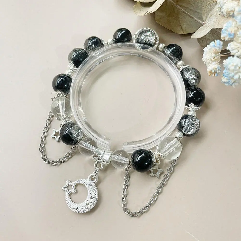 Hot Selling Silver Color Star Moon Tassel Pendant 8mm Burst Flower Crystal Cracked Crystal Beaded Bracelets for Women Girls