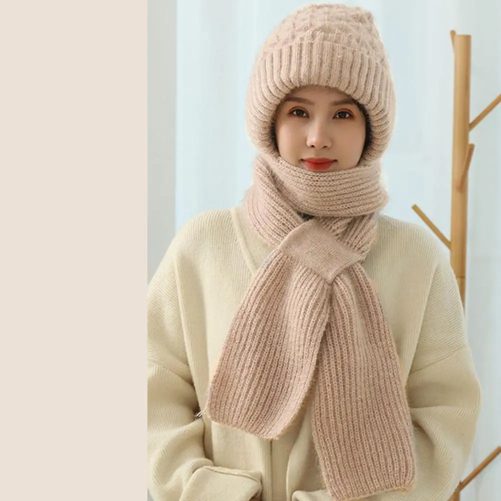 New Winter Knitted Skullies Hat Scarf Set Ear Protection Warm Hat Scarf Thickened Outdoor Ski Female Beanie Cap Hooded Scarf