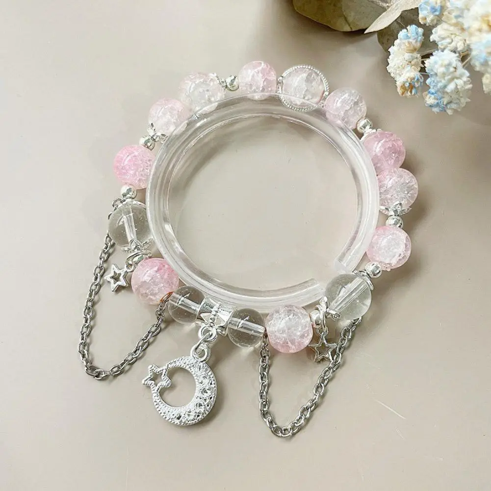 Hot Selling Silver Color Star Moon Tassel Pendant 8mm Burst Flower Crystal Cracked Crystal Beaded Bracelets for Women Girls