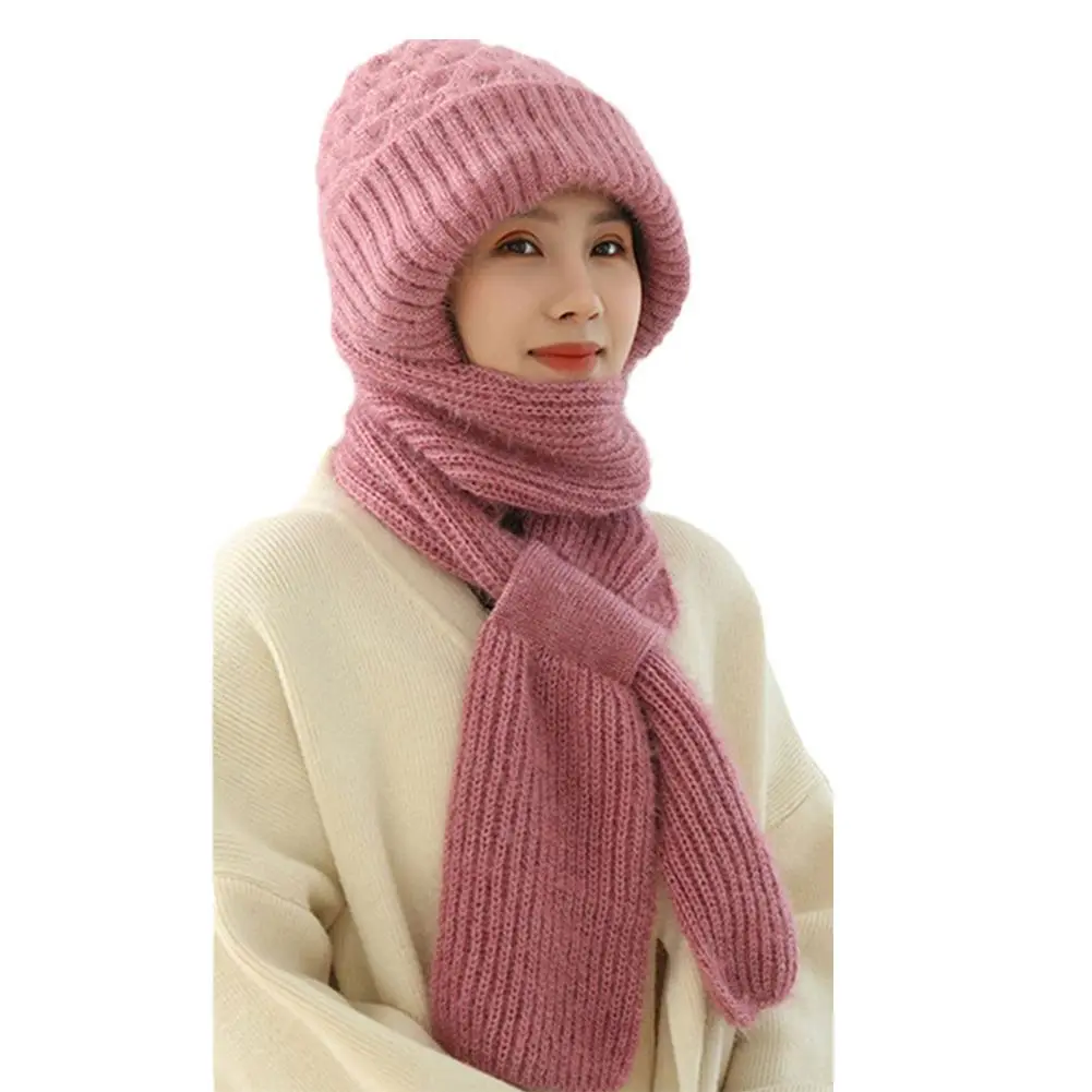 New Winter Knitted Skullies Hat Scarf Set Ear Protection Warm Hat Scarf Thickened Outdoor Ski Female Beanie Cap Hooded Scarf