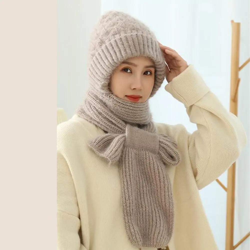 New Winter Knitted Skullies Hat Scarf Set Ear Protection Warm Hat Scarf Thickened Outdoor Ski Female Beanie Cap Hooded Scarf
