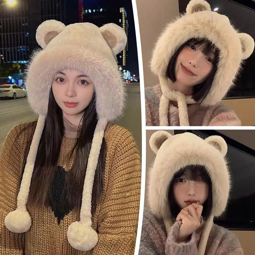 1PC Cute Bear Ears Hat 2024 New Women Winter Hat Lacing Cute Bucket Cap Velvet Ear Protection Fashion Woolen One size Bucket Hat