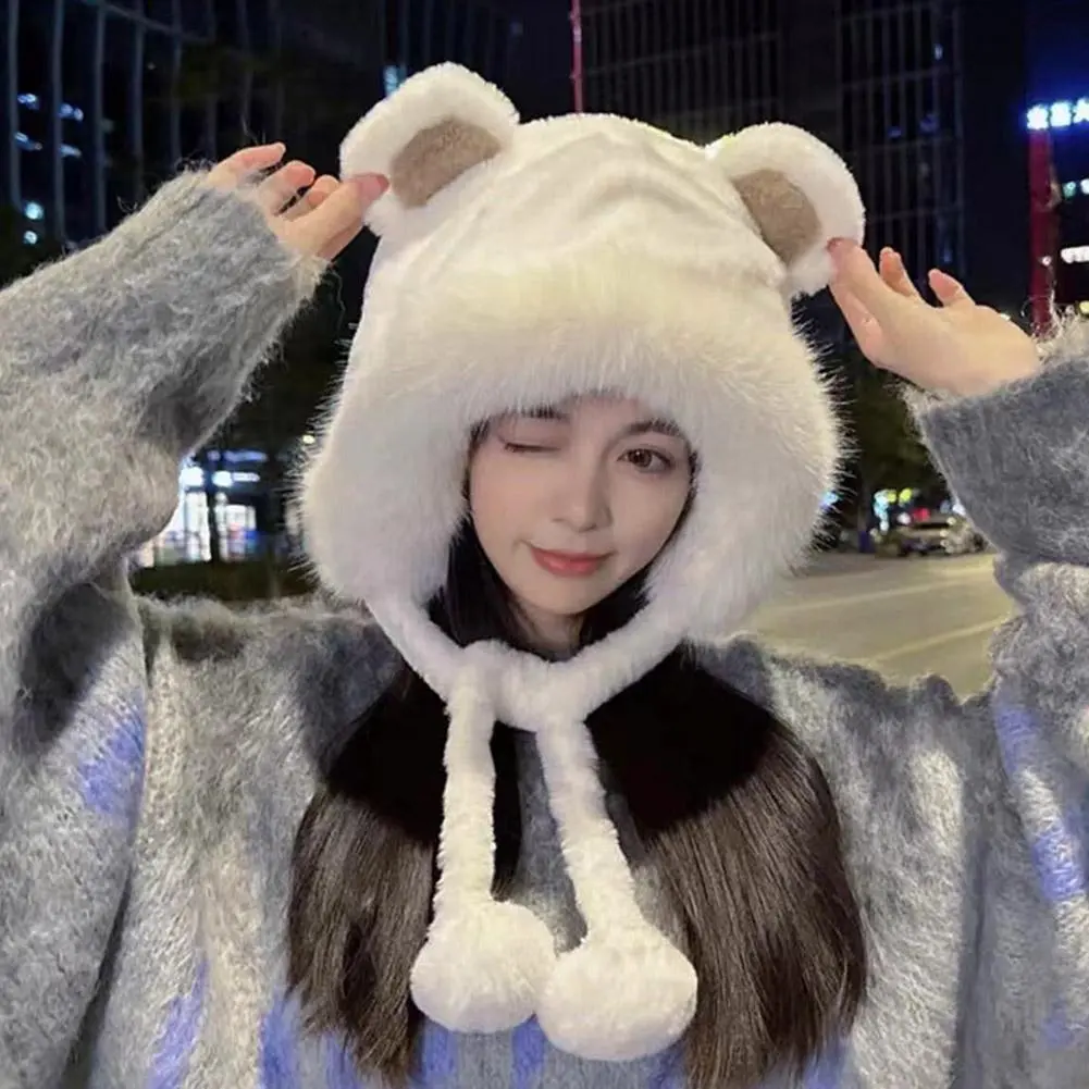 1PC Cute Bear Ears Hat 2024 New Women Winter Hat Lacing Cute Bucket Cap Velvet Ear Protection Fashion Woolen One size Bucket Hat