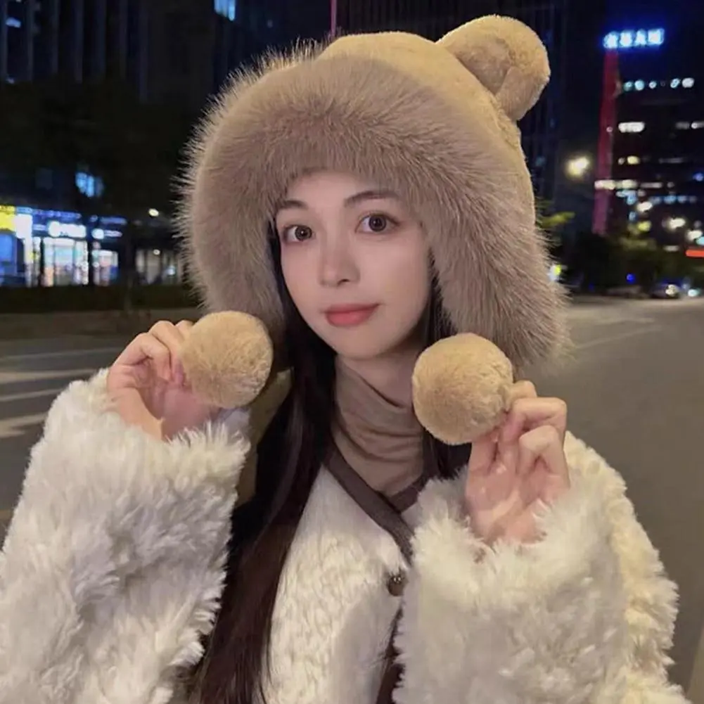 1PC Cute Bear Ears Hat 2024 New Women Winter Hat Lacing Cute Bucket Cap Velvet Ear Protection Fashion Woolen One size Bucket Hat