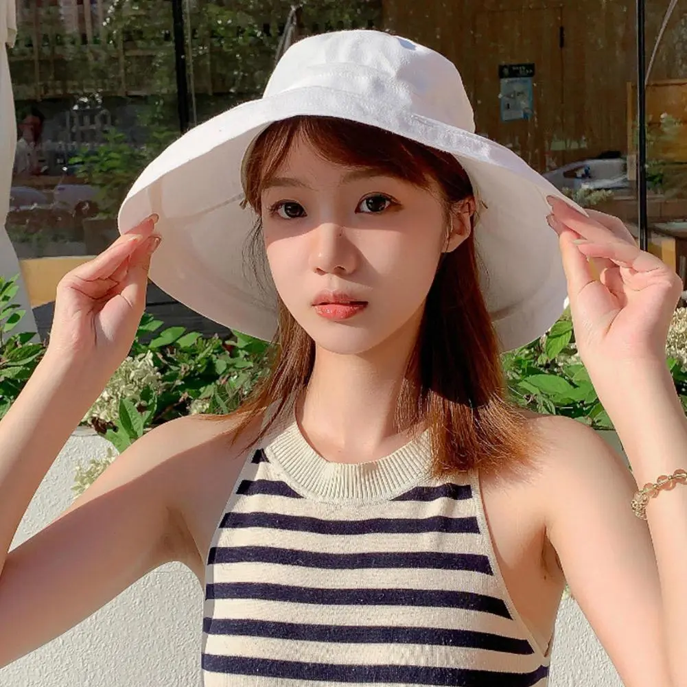 Summer Bucket Hat for Women Big Wide Brim Outdoor Soft Cotton Solid Color Sun Hats Portable Foldable Panama Cap Lady