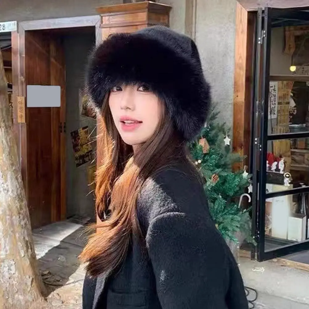 2024 Fluffy Faux Fur Bucket Hats Women Rabbit Fur Warm Thick Plush Winter Hat Lady Fashion Luxury Panama Furry Fisherman Cap