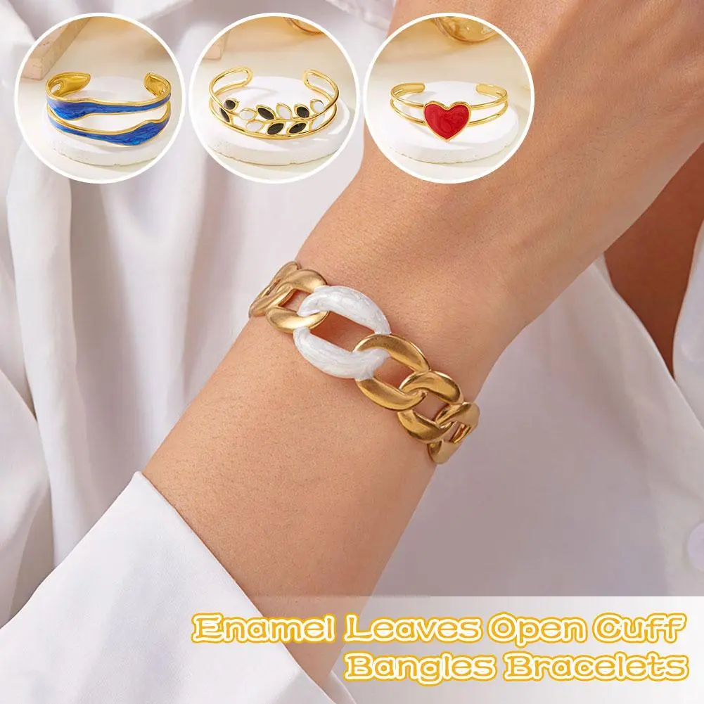 Enamel Leaves Open Cuff Bangles Bracelets Gold Color Steel Bracelet Open Femme Vintage Bracelet Hollow Stainless Jewelry S4C3