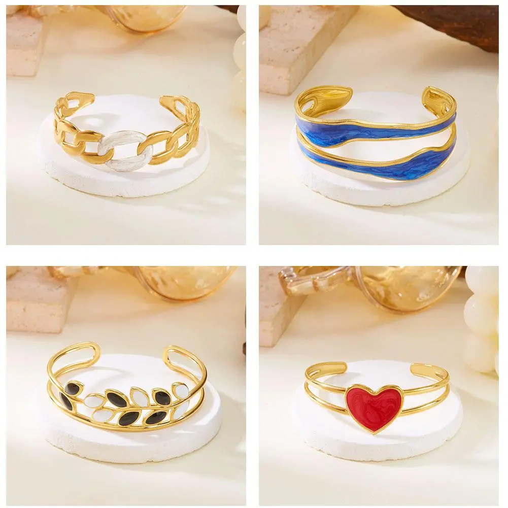 Enamel Leaves Open Cuff Bangles Bracelets Gold Color Steel Bracelet Open Femme Vintage Bracelet Hollow Stainless Jewelry S4C3