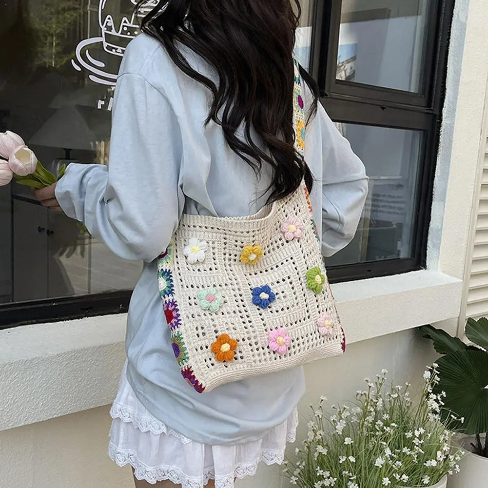 Knitted Bag Summer Beach Bag Forest-inspired Boho Crochet Bag Flowers Knitted Handbags Crossbody Shoulder Ladies Fashion Bag