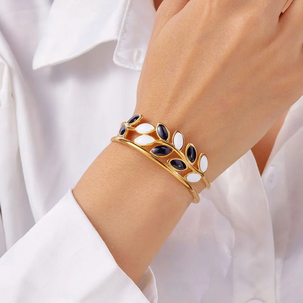 Enamel Leaves Open Cuff Bangles Bracelets Gold Color Steel Bracelet Open Femme Vintage Bracelet Hollow Stainless Jewelry S4C3