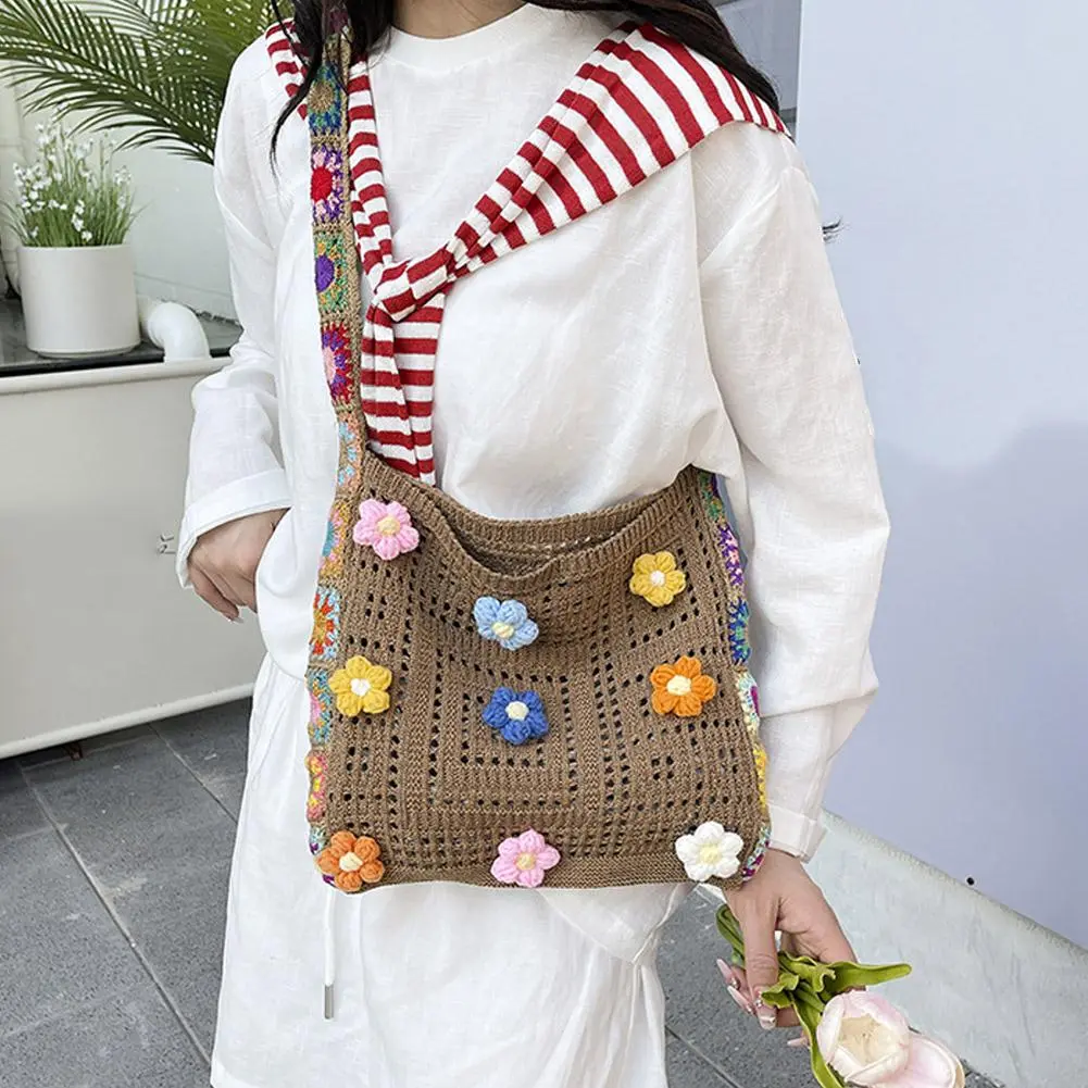 Knitted Bag Summer Beach Bag Forest-inspired Boho Crochet Bag Flowers Knitted Handbags Crossbody Shoulder Ladies Fashion Bag
