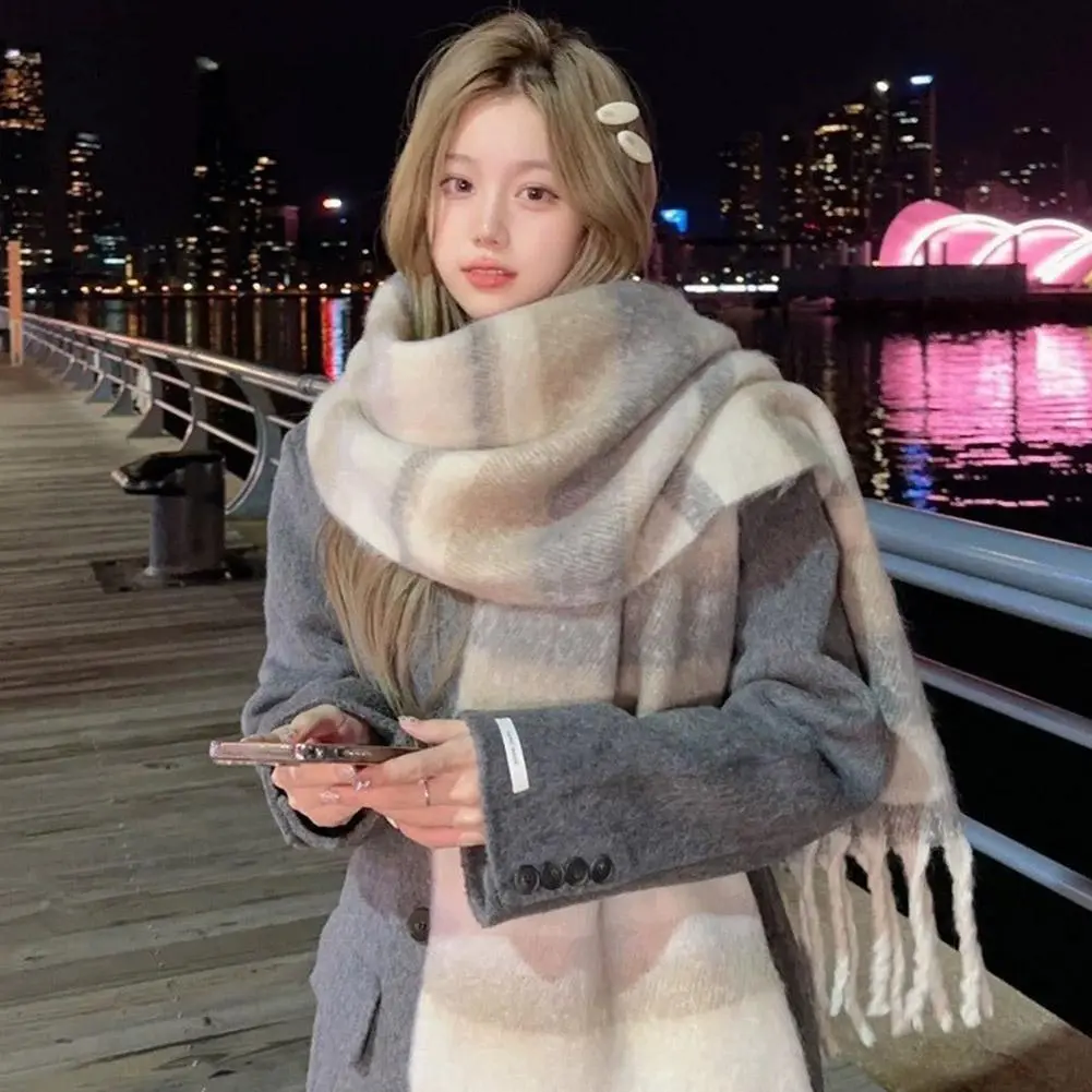 Women's Winter High-End Feel Scarf Autumn/Winter New Fashionable Versatile Angora Necklace Thickened Striped Maillard Pashmina
