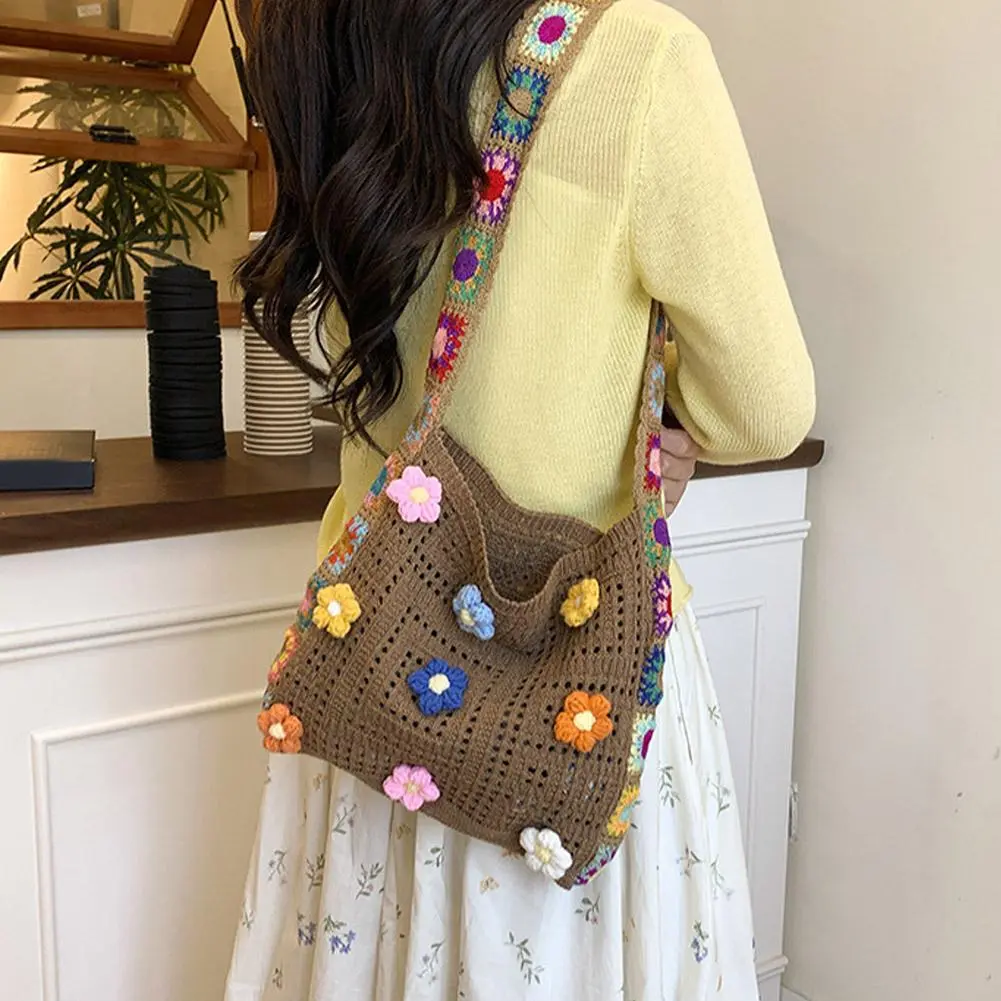Knitted Bag Summer Beach Bag Forest-inspired Boho Crochet Bag Flowers Knitted Handbags Crossbody Shoulder Ladies Fashion Bag