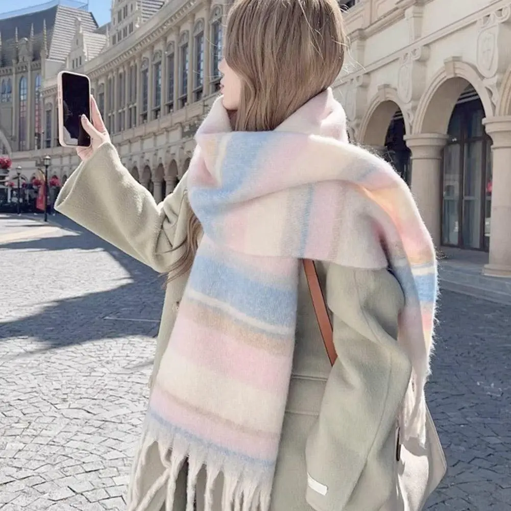 Women's Winter High-End Feel Scarf Autumn/Winter New Fashionable Versatile Angora Necklace Thickened Striped Maillard Pashmina