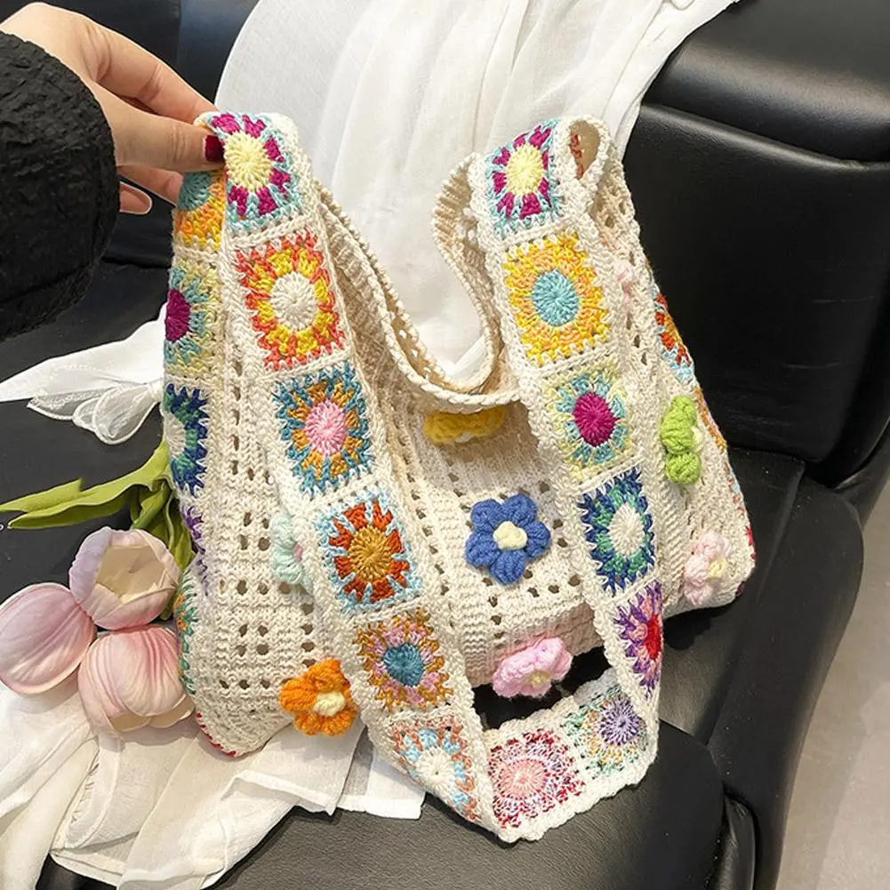 Knitted Bag Summer Beach Bag Forest-inspired Boho Crochet Bag Flowers Knitted Handbags Crossbody Shoulder Ladies Fashion Bag