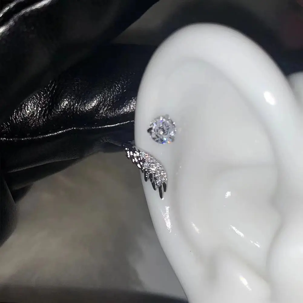 1PC Silver Color Wing 316L Stainless Steel Ear Bone Nail For Women New Fashion Full Of Rhinestone Earrings Accessories For G5W8