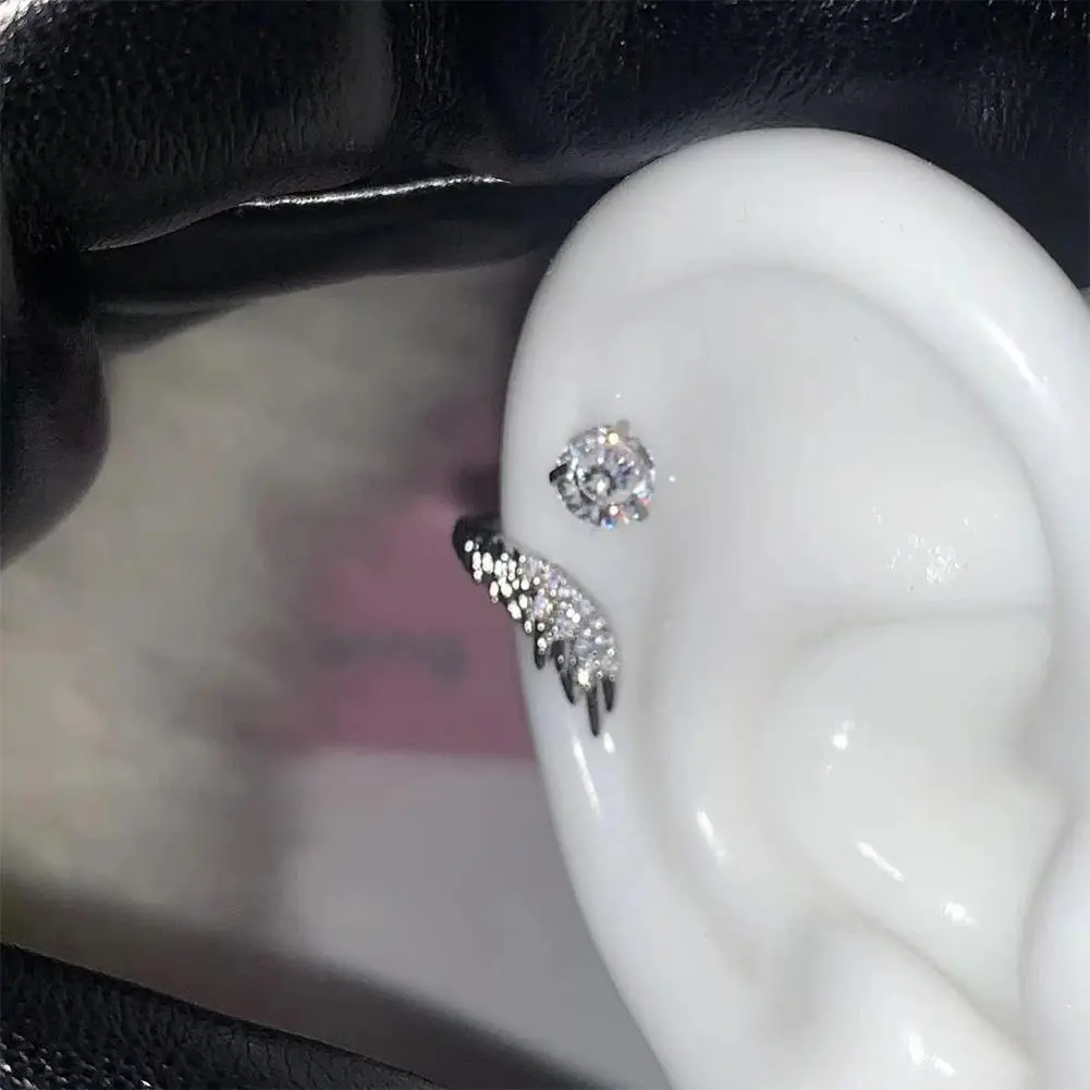 1PC Silver Color Wing 316L Stainless Steel Ear Bone Nail For Women New Fashion Full Of Rhinestone Earrings Accessories For G5W8