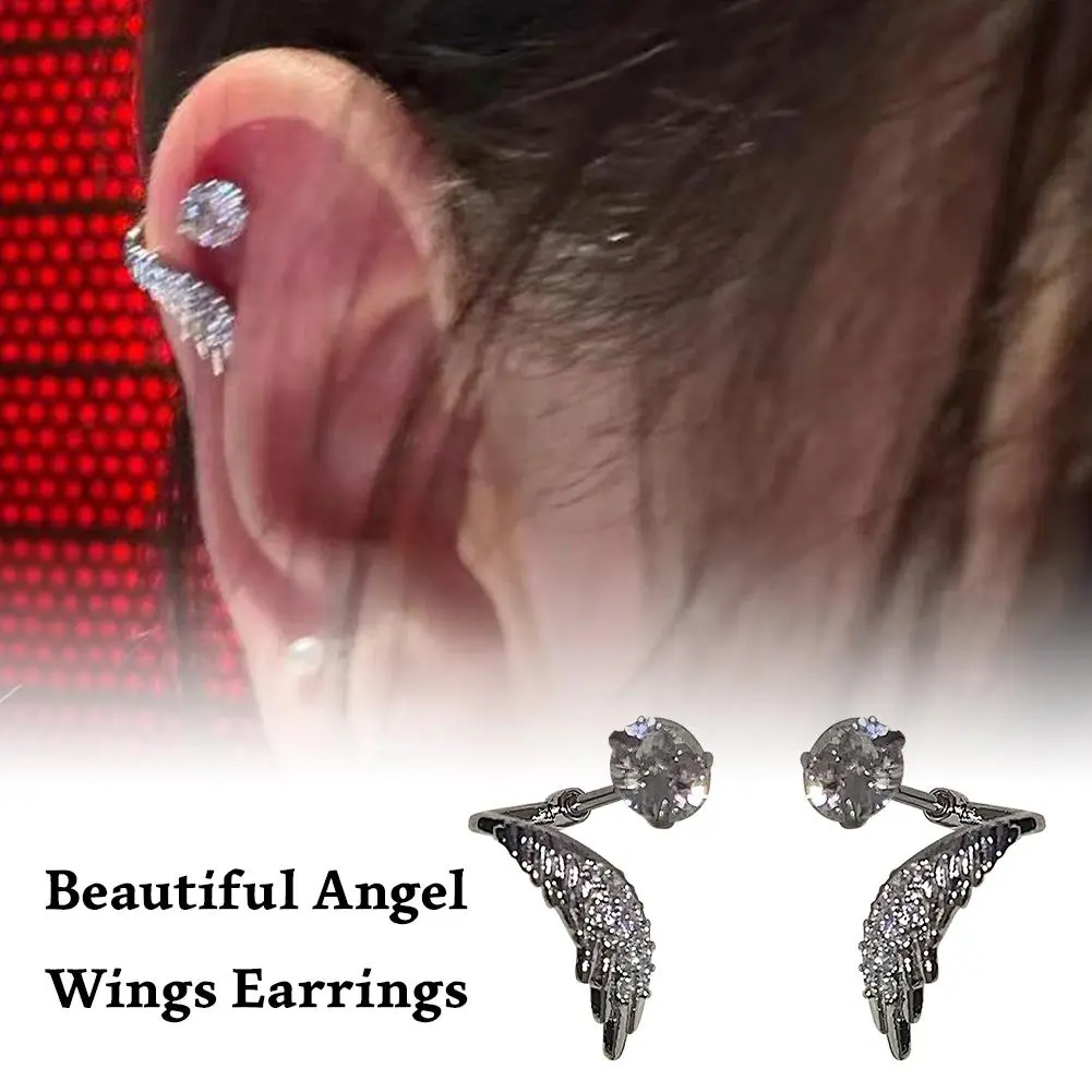 1PC Silver Color Wing 316L Stainless Steel Ear Bone Nail For Women New Fashion Full Of Rhinestone Earrings Accessories For G5W8