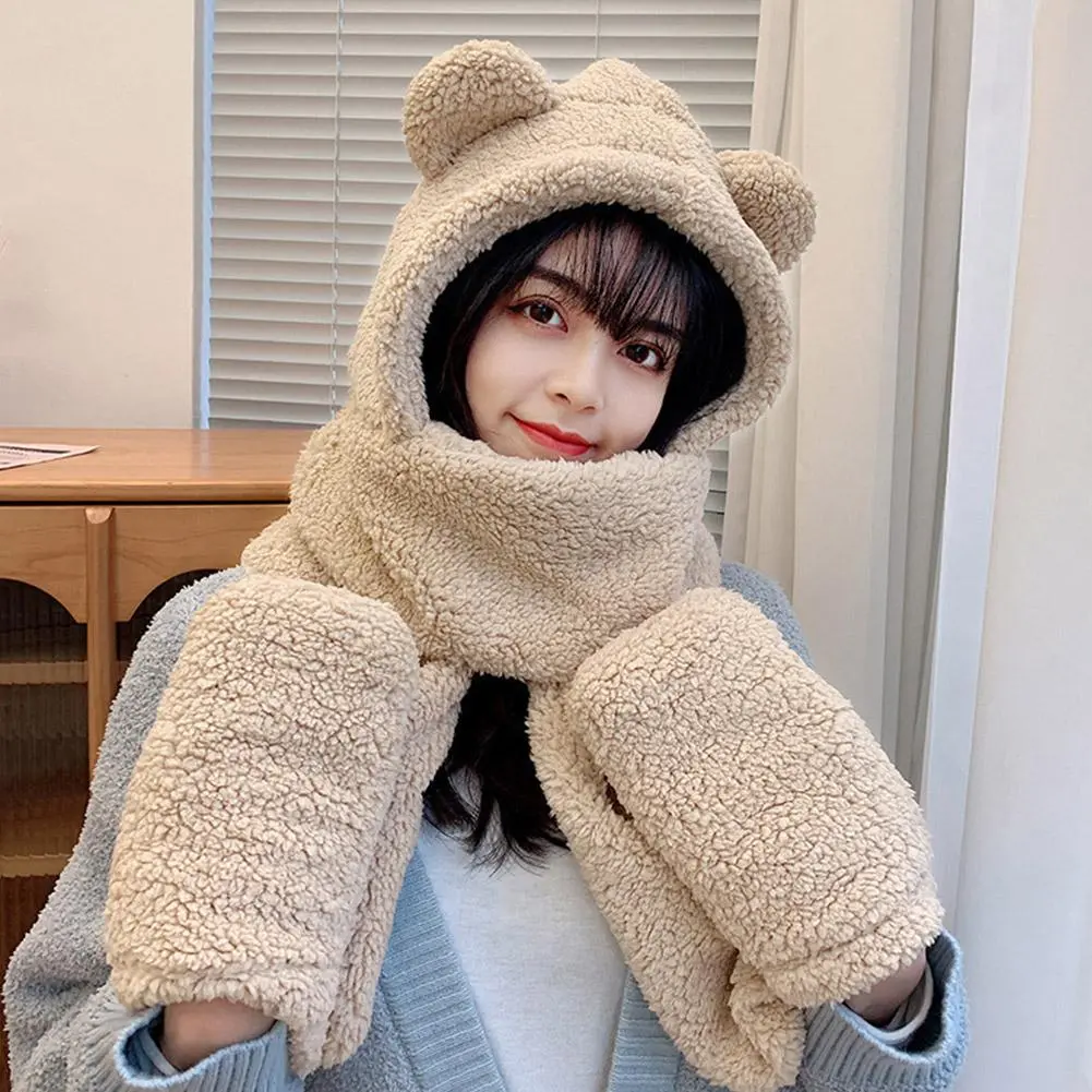 New Cute Bear Ear Hat Scarf Gloves Set Winter Women Beanies Caps Warm Casual Plush Hats Casual Solid Fleece Girl Kawaii Present