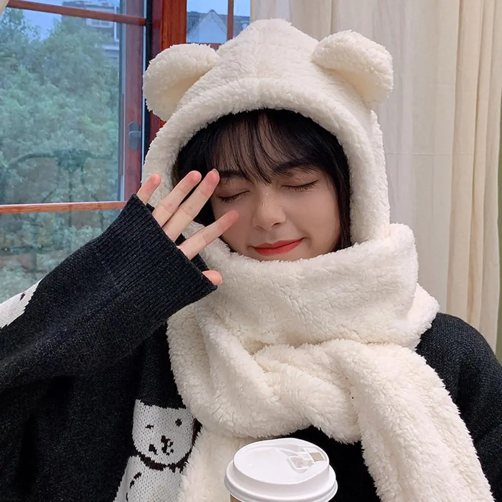 New Cute Bear Ear Hat Scarf Gloves Set Winter Women Beanies Caps Warm Casual Plush Hats Casual Solid Fleece Girl Kawaii Present