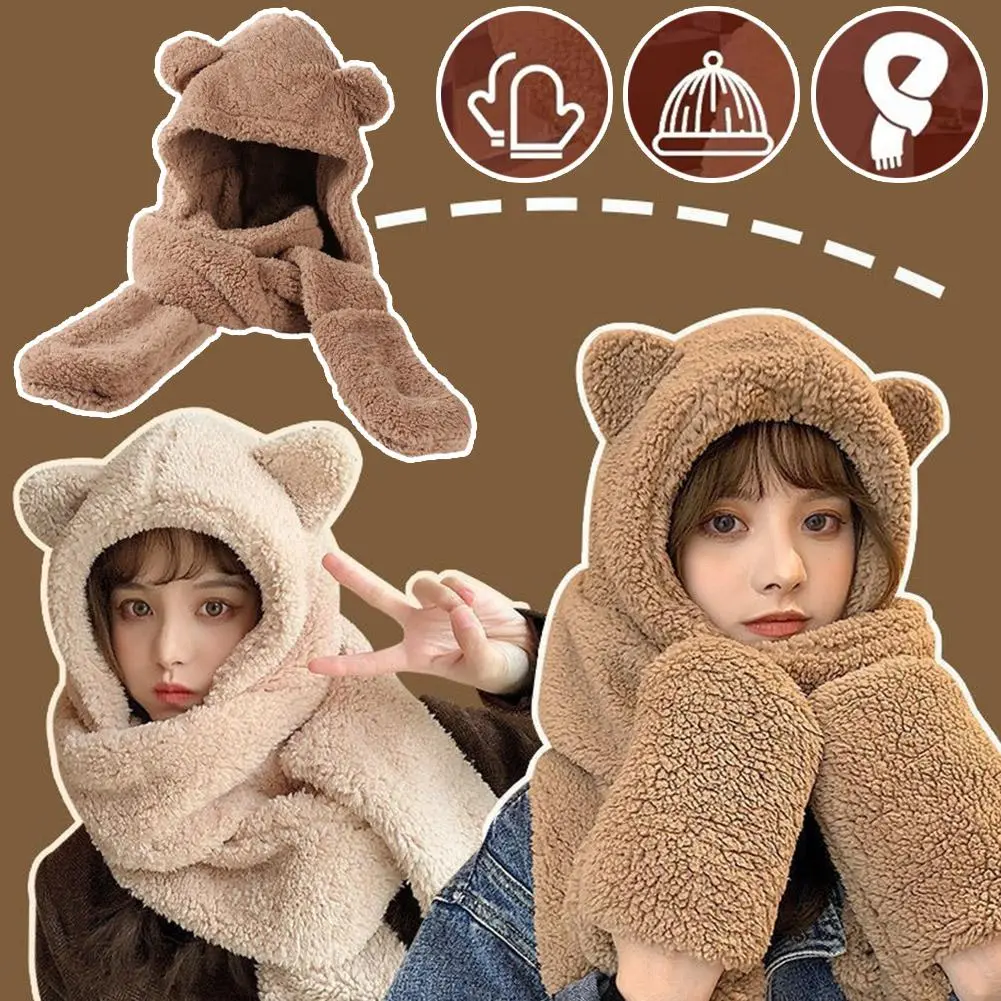 New Cute Bear Ear Hat Scarf Gloves Set Winter Women Beanies Caps Warm Casual Plush Hats Casual Solid Fleece Girl Kawaii Present