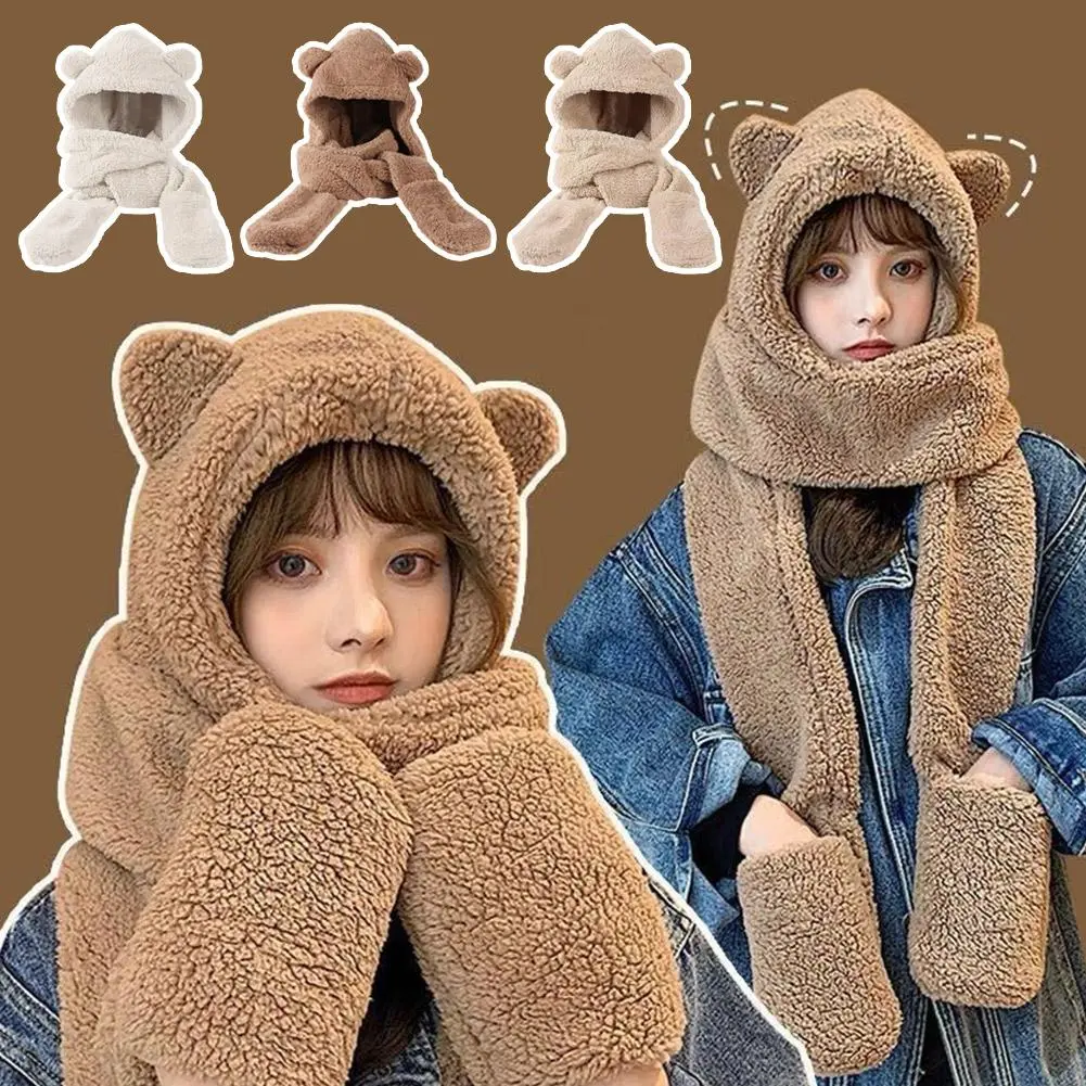 New Cute Bear Ear Hat Scarf Gloves Set Winter Women Beanies Caps Warm Casual Plush Hats Casual Solid Fleece Girl Kawaii Present