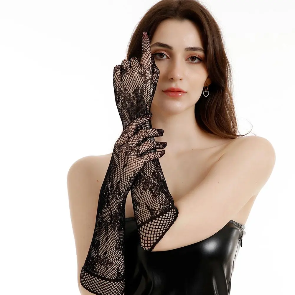 Mesh Gloves Elegant Women Ultra-thin Long Summer Driving Cycling Sexy Red Sunscreen Gloves Female Anti-UV Elasticity Lace