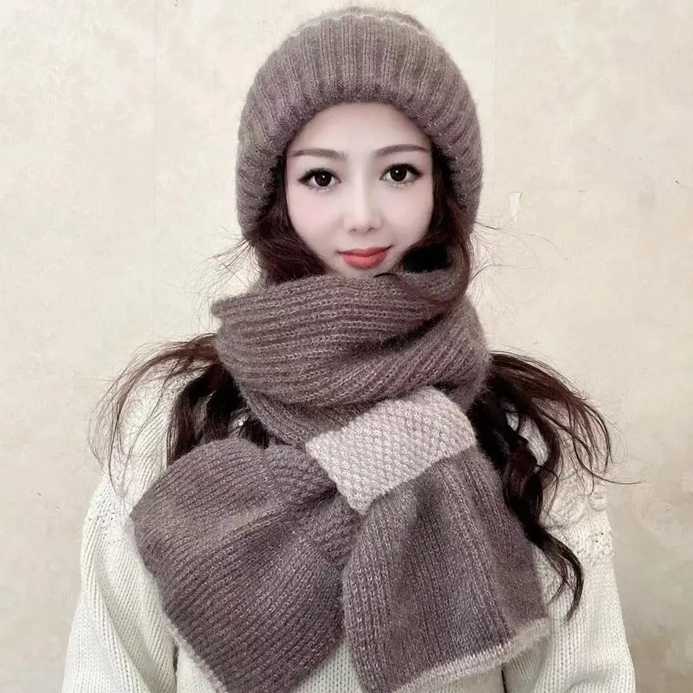 New Winter Knitted Skullies Hat Scarf Set Ear Protection Warm Hat Scarf Thickened Outdoor Ski Female Beanie Cap Hooded Scarf