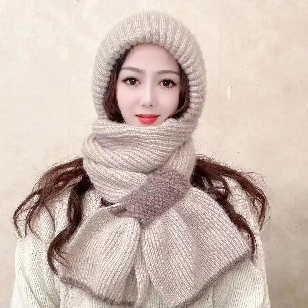 New Winter Knitted Skullies Hat Scarf Set Ear Protection Warm Hat Scarf Thickened Outdoor Ski Female Beanie Cap Hooded Scarf