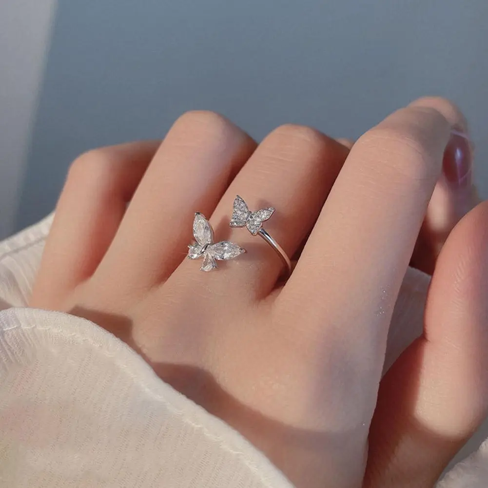 500Pcs Sliver Color Zircon Butterfly Open for Women Exaggerated Personality Adjustable Finger Wedding Jewelry Party