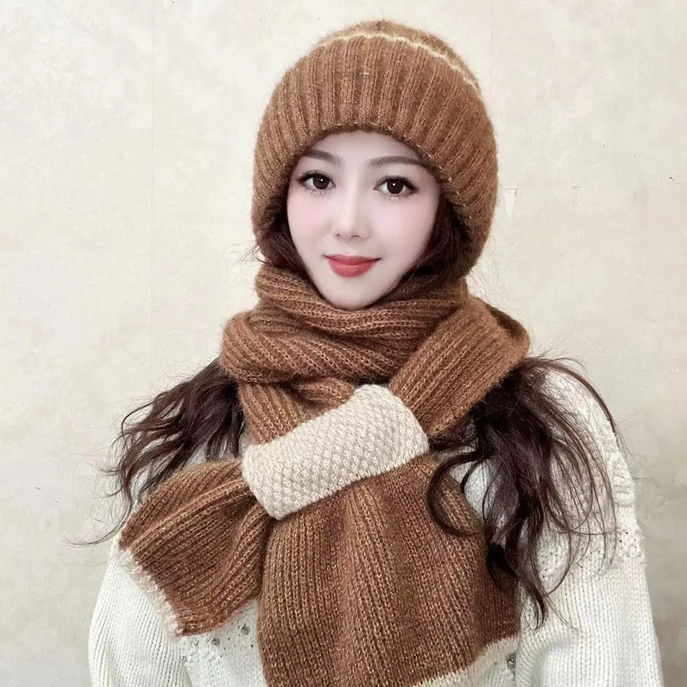 New Winter Knitted Skullies Hat Scarf Set Ear Protection Warm Hat Scarf Thickened Outdoor Ski Female Beanie Cap Hooded Scarf