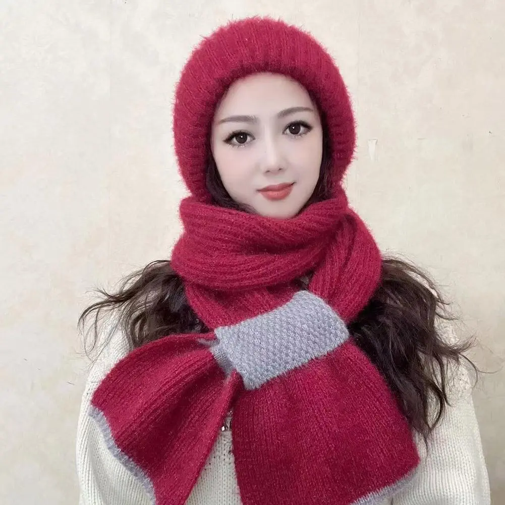 New Winter Knitted Skullies Hat Scarf Set Ear Protection Warm Hat Scarf Thickened Outdoor Ski Female Beanie Cap Hooded Scarf