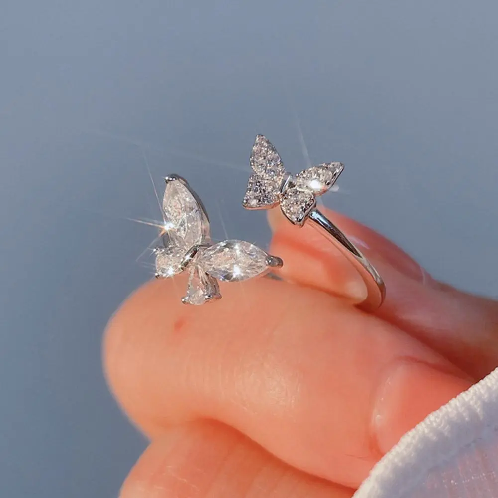 500Pcs Sliver Color Zircon Butterfly Open for Women Exaggerated Personality Adjustable Finger Wedding Jewelry Party