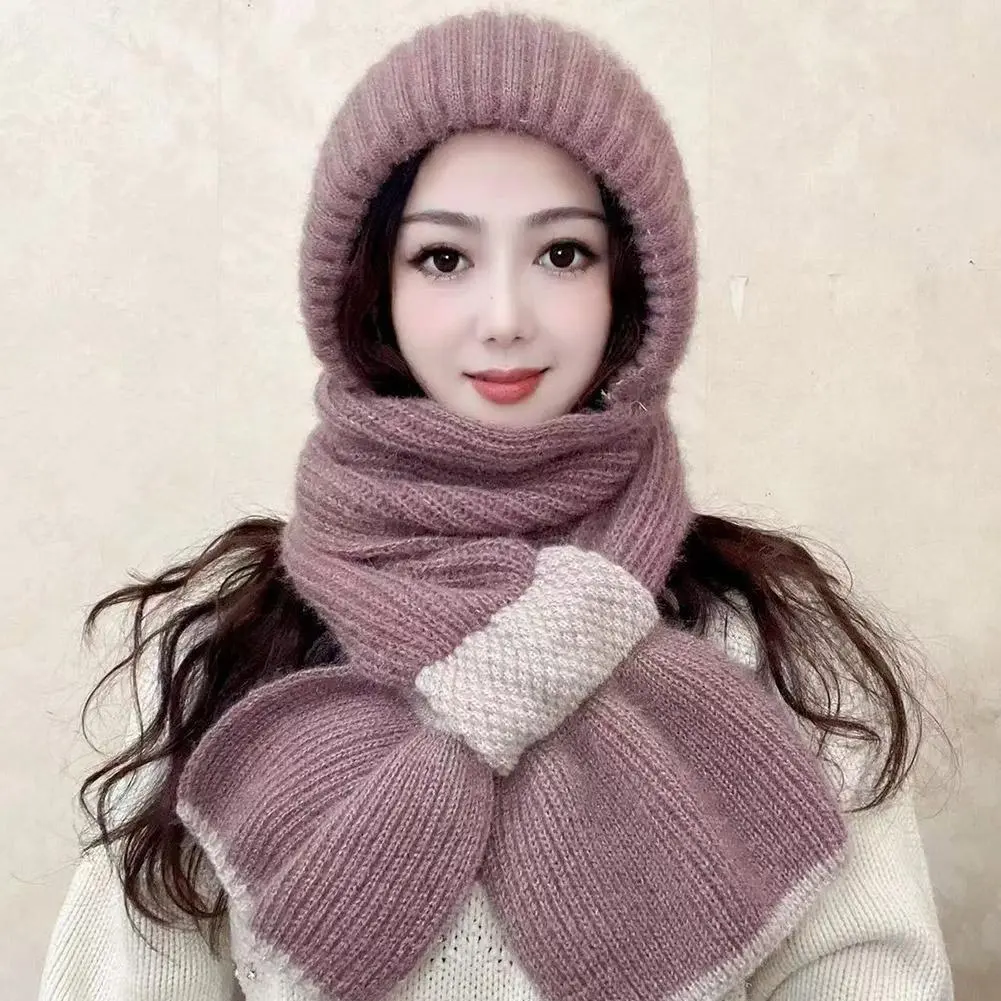 New Winter Knitted Skullies Hat Scarf Set Ear Protection Warm Hat Scarf Thickened Outdoor Ski Female Beanie Cap Hooded Scarf