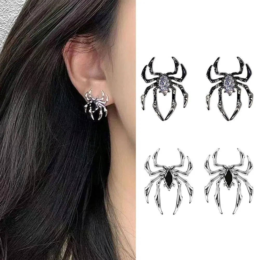 Silver Color Spider Stud Earrings for Women Unique Design Punk Personality Female Small Earrings Black Enamel Fashion Jewel H5R4