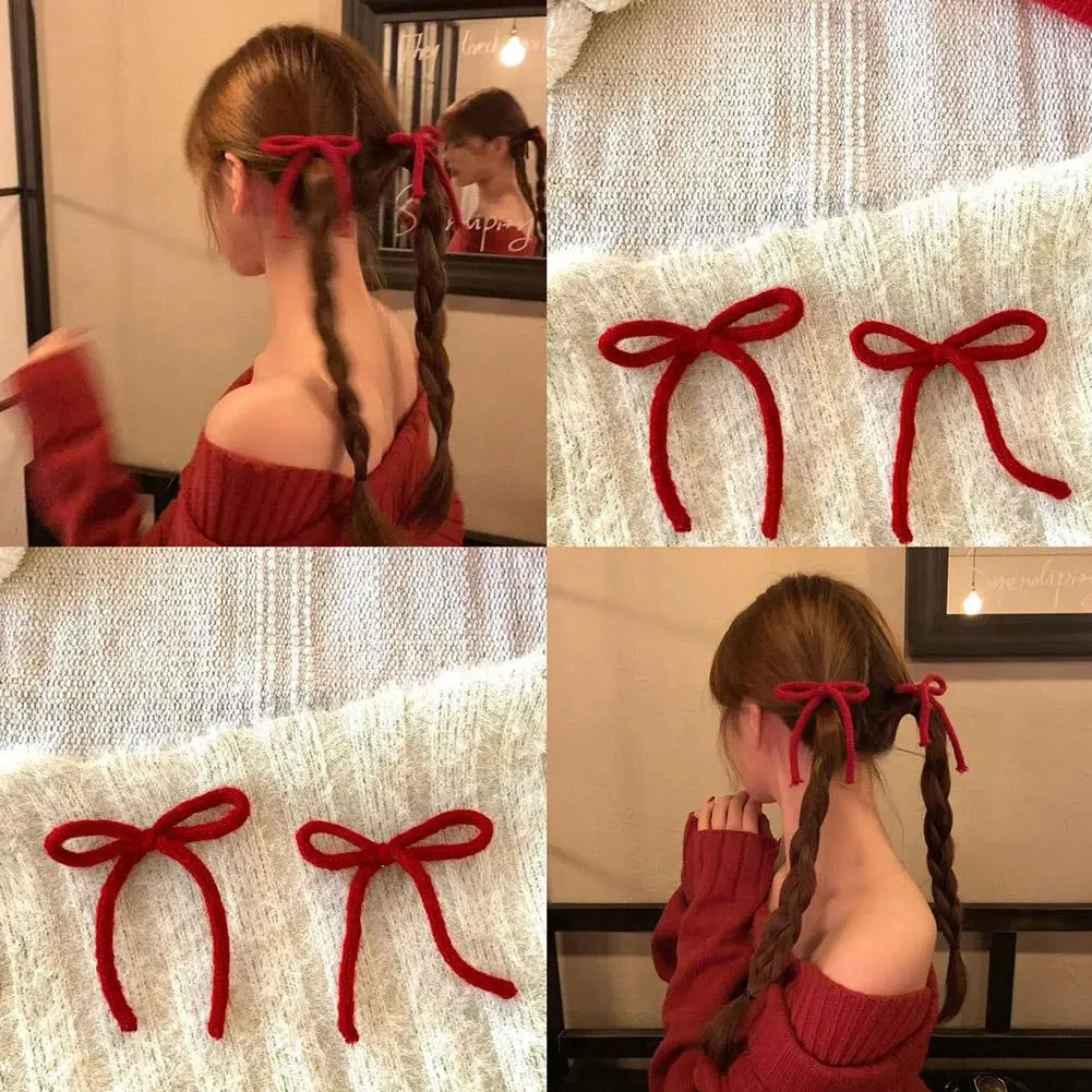 Korean Sweet Red Knitted Ribbon Bowknot Hair Clip for Women Girls Candy Color Bangs Clip Headdress Ornament Hair Accessories