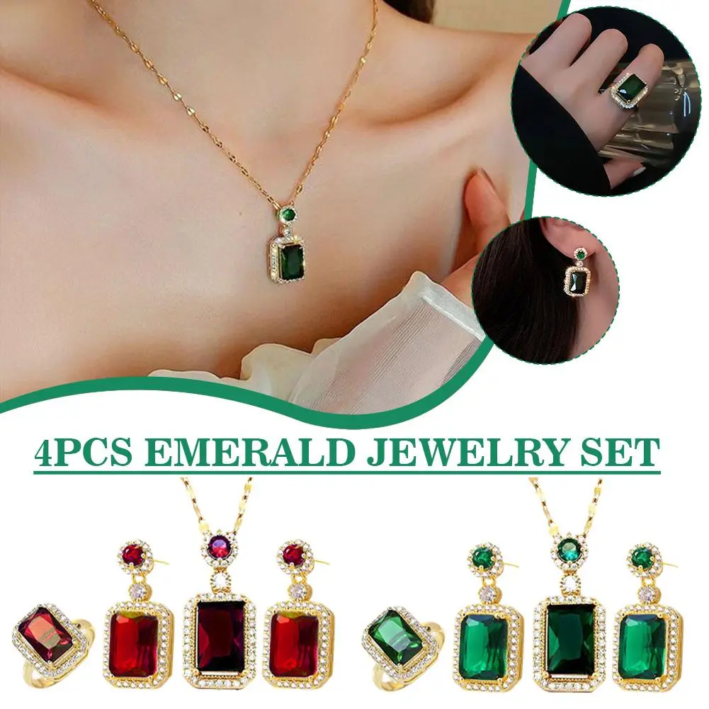 4PCS Sets Exquisite Quadrate Rhinestone Necklace Earrings Jewelry Ladies Gifts Set Fashion Bridal Set Jewelry Jewelry Charm C0C3