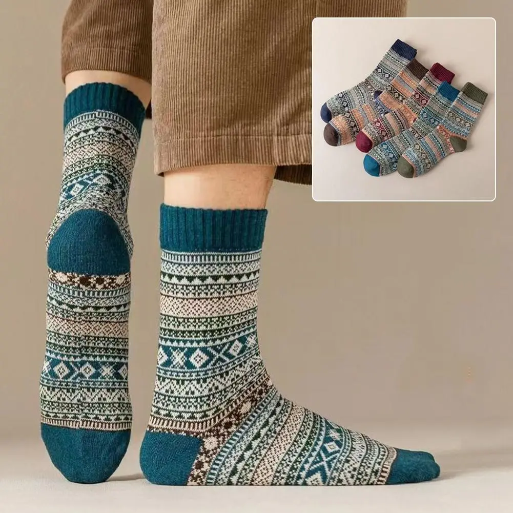 1Pairs Of Winter Men's Thick Wool Socks For Warmth, Men's Retro Style, Colorful And Fashionable Men's Snow Boots Socks