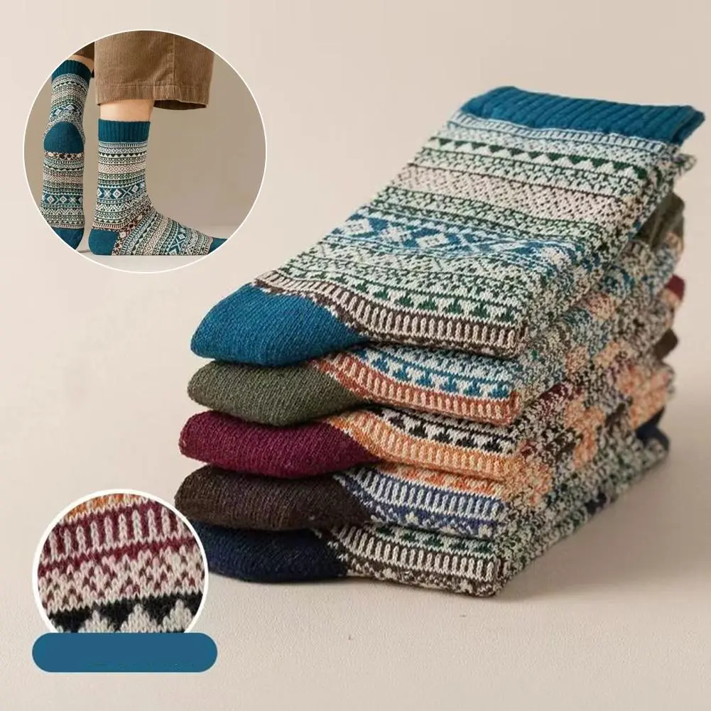 1Pairs Of Winter Men's Thick Wool Socks For Warmth, Men's Retro Style, Colorful And Fashionable Men's Snow Boots Socks
