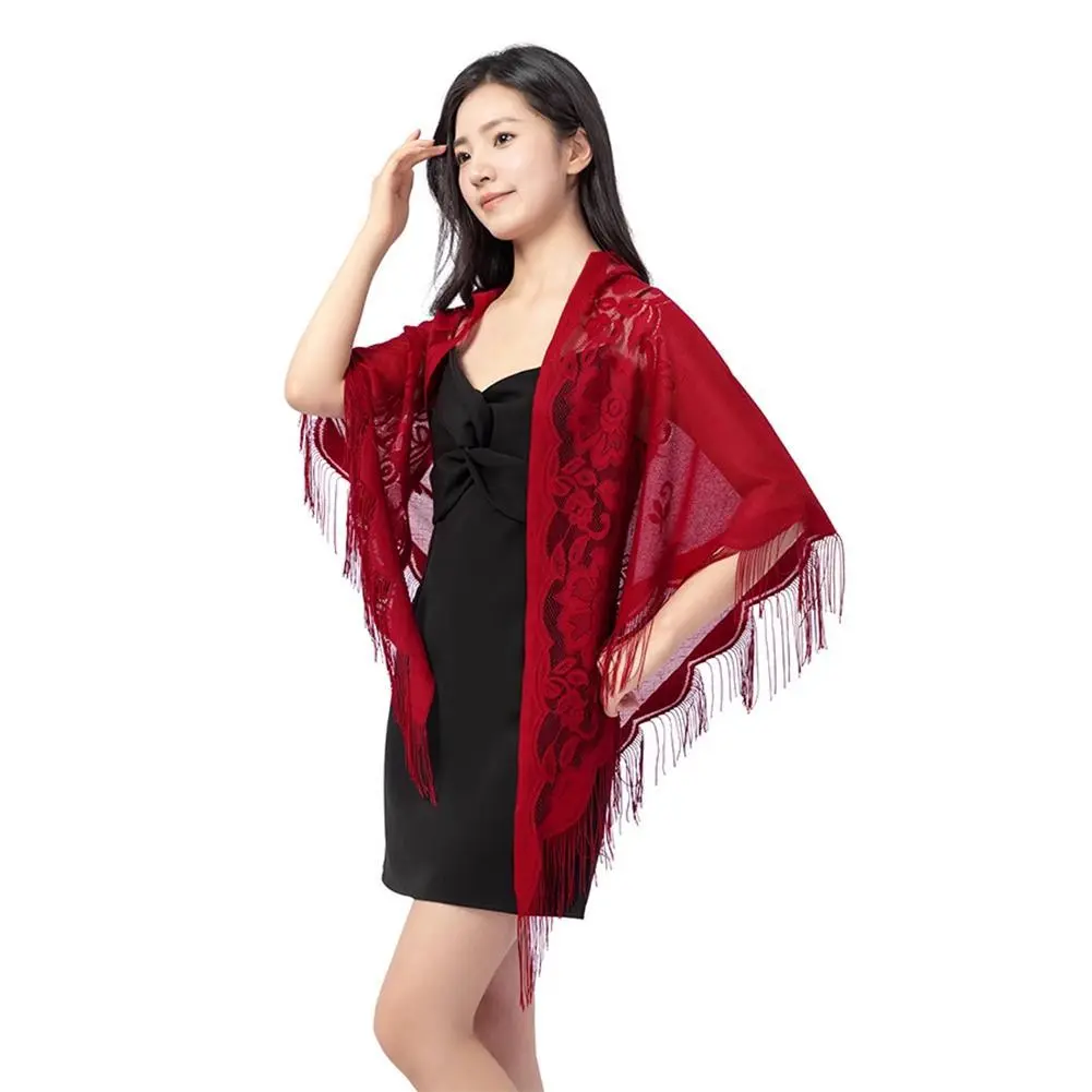 Summer 2025 New Lace Shawl Hollow out Tassel Scarf Women's Dress Photography Shawl Vintage Style Fashionable Accessory