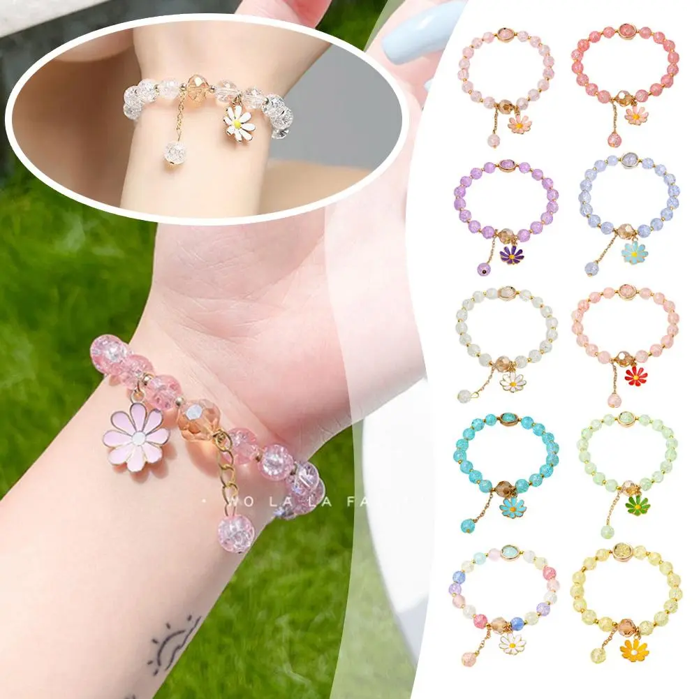 New Korean Daisy Flowers Bracelet Bohemian Colorful Crystal Beaded Bracelet Handmade Elastic Rope Women Fashion Jewelry Pulceras