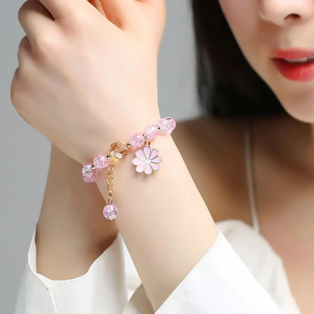 New Korean Daisy Flowers Bracelet Bohemian Colorful Crystal Beaded Bracelet Handmade Elastic Rope Women Fashion Jewelry Pulceras