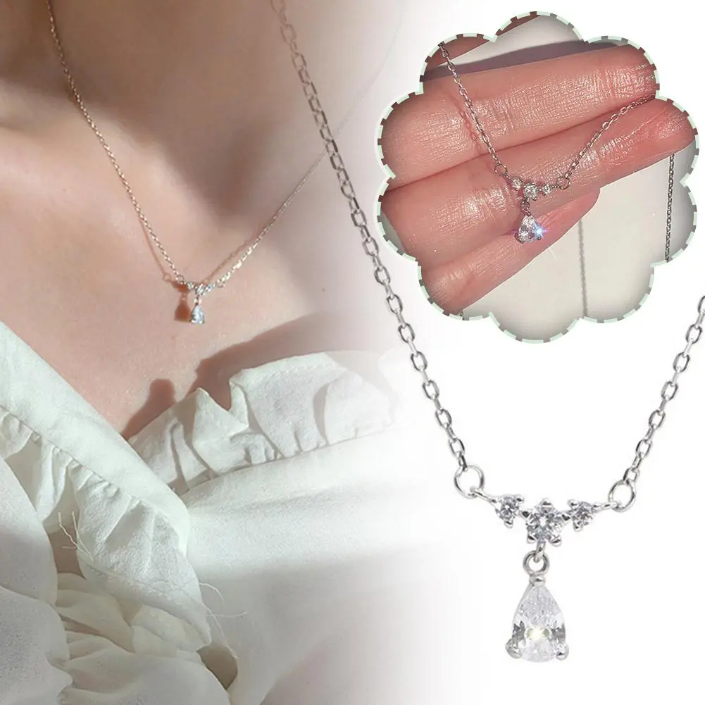Fashion Water Drop Pendant Necklace Clavicle Chain Women Trendy Simple Tiny Rhinestone Jewelry Temperament Party Wedding Gift