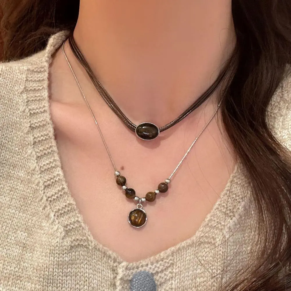 Vintage Punk Leather Nature Tiger Eye Stone Pendants High Stacking Choker & Necklaces Temperament Quality Clavicle Chain J8E4