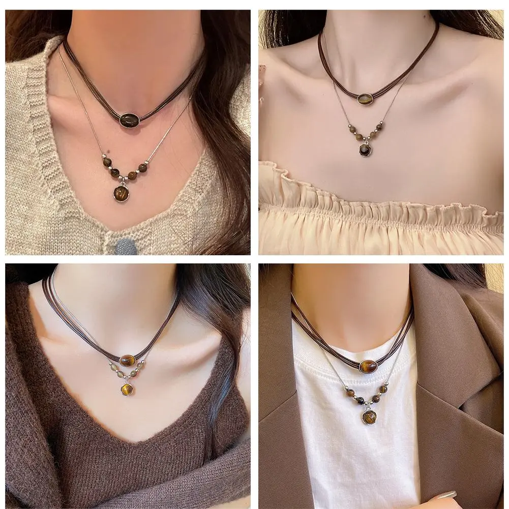 Vintage Punk Leather Nature Tiger Eye Stone Pendants High Stacking Choker & Necklaces Temperament Quality Clavicle Chain J8E4