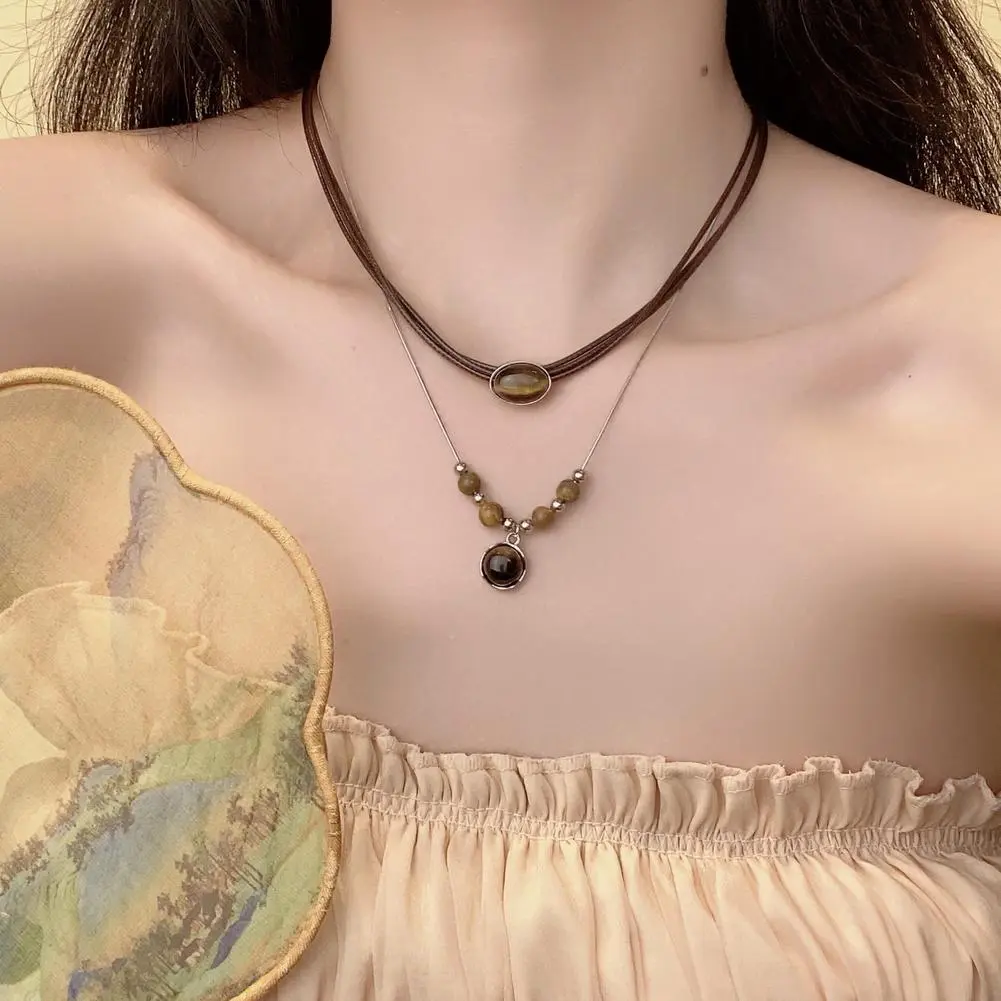 Vintage Punk Leather Nature Tiger Eye Stone Pendants High Stacking Choker & Necklaces Temperament Quality Clavicle Chain J8E4