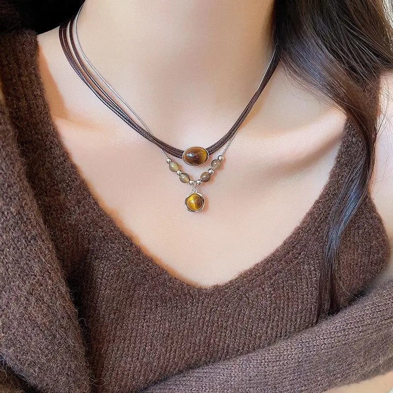 Vintage Punk Leather Nature Tiger Eye Stone Pendants High Stacking Choker & Necklaces Temperament Quality Clavicle Chain J8E4