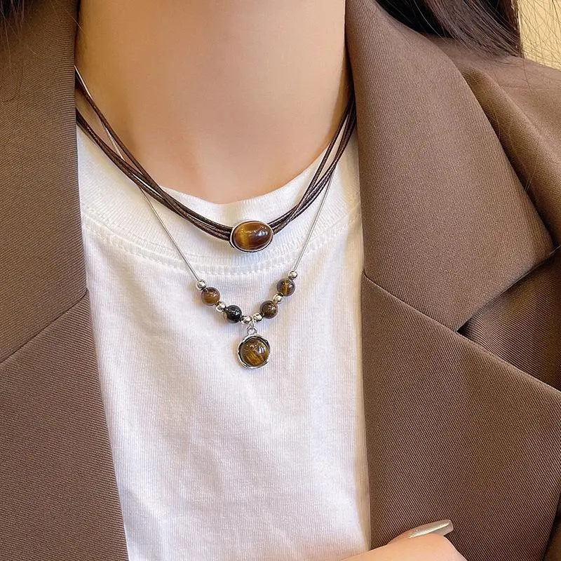 Vintage Punk Leather Nature Tiger Eye Stone Pendants High Stacking Choker & Necklaces Temperament Quality Clavicle Chain J8E4