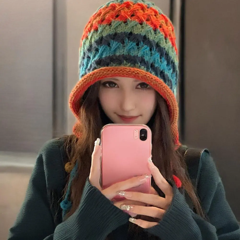 Korean Imitation Handmade Crochet Colored Yarn Hat For Women Winter Fashion Nitted Beanie Cap Hm Earflap Tassel Pompom Hat