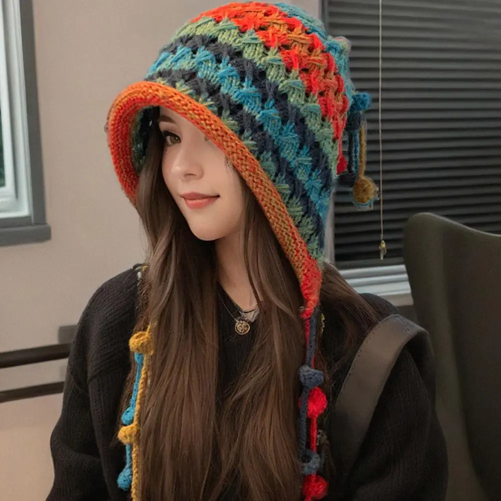 Korean Imitation Handmade Crochet Colored Yarn Hat For Women Winter Fashion Nitted Beanie Cap Hm Earflap Tassel Pompom Hat